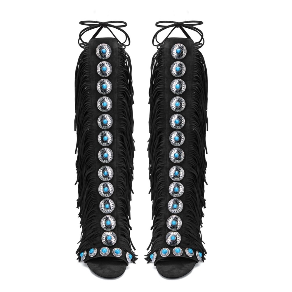 Black Fringe Gladiator Knee-High Flat Sandals with Turquoise Conchos
